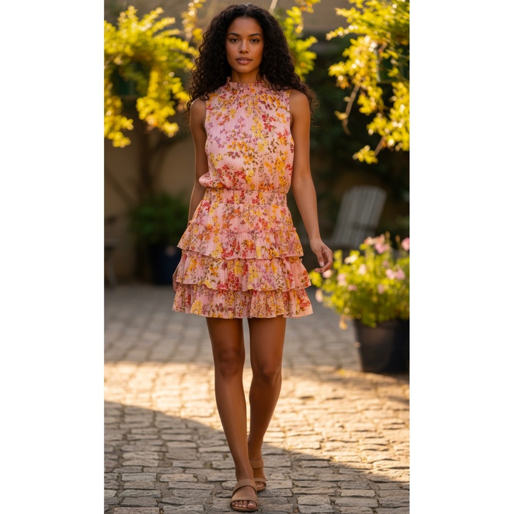 SAM and JESS Floral Ruffle Mini Dress Blush Gold Lilac Sleeveless‎ Large NEW
